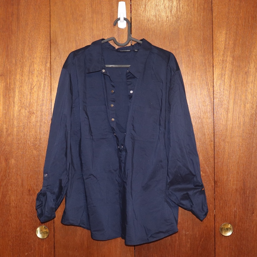 New York & Company 7th Avenue Navy Blouse w/ Roll Tab Sleeves